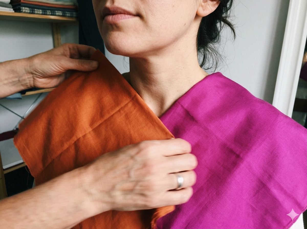Séance de colorimétrie avec drapages colorés sous le visage d'une cliente en Belgique