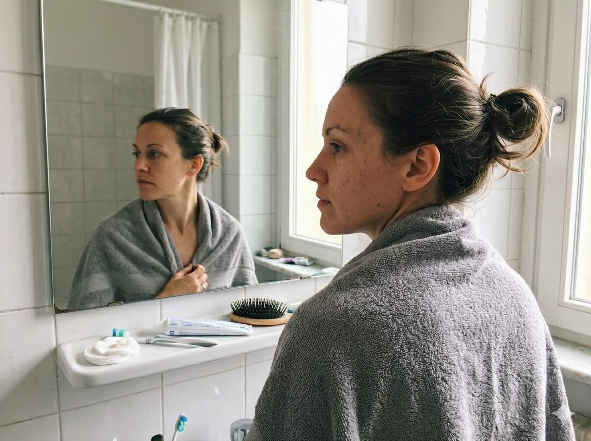 Femme se préparant pour un atelier de colorimétrie, démaquillée devant un miroir avec lumière naturelle