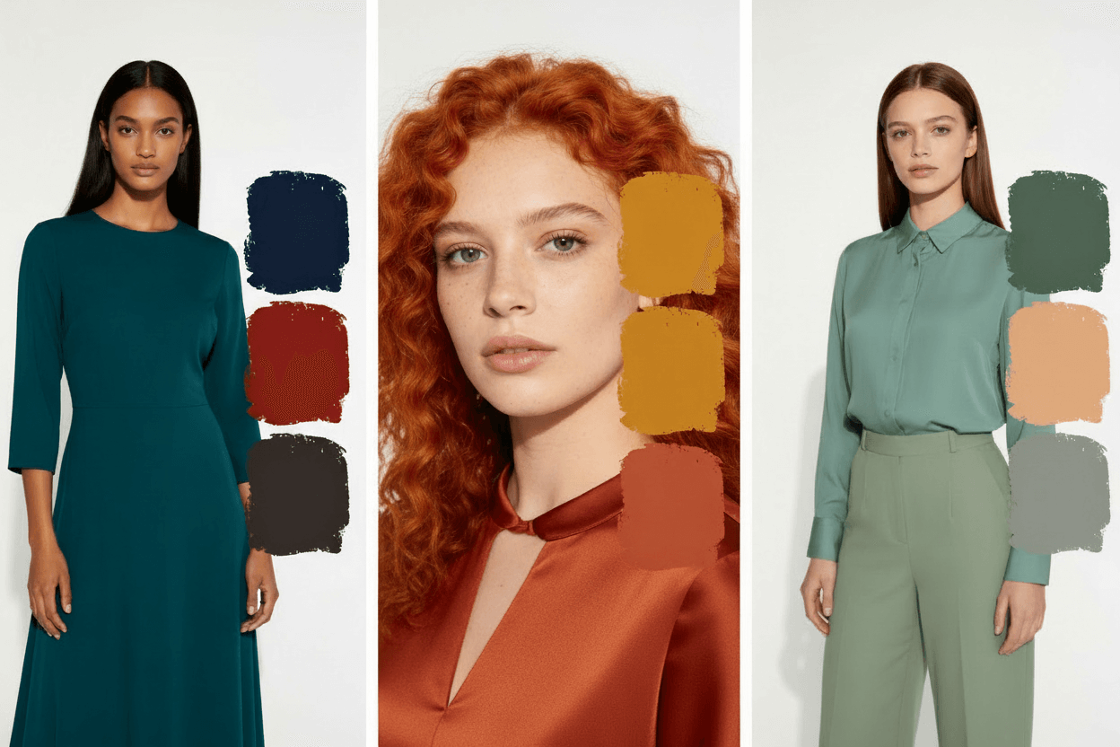 Tableau comparatif visuel des 3 sous-types d'automne : silhouettes avec palettes respectives (profond, chaud, doux)