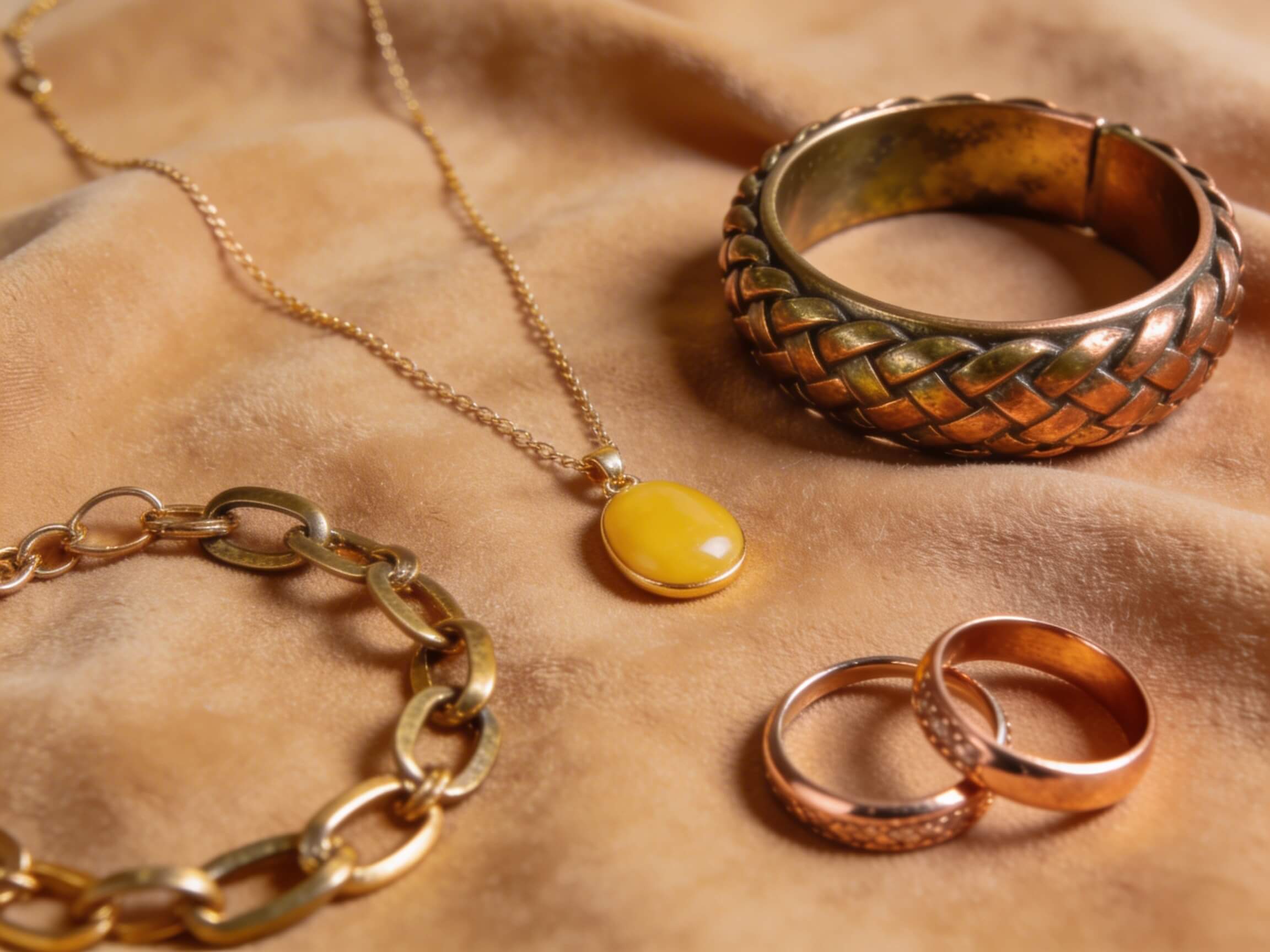 Bijoux or jaune, bronze et cuivre disposés sur tissu camel : métaux recommandés pour la colorimétrie automne