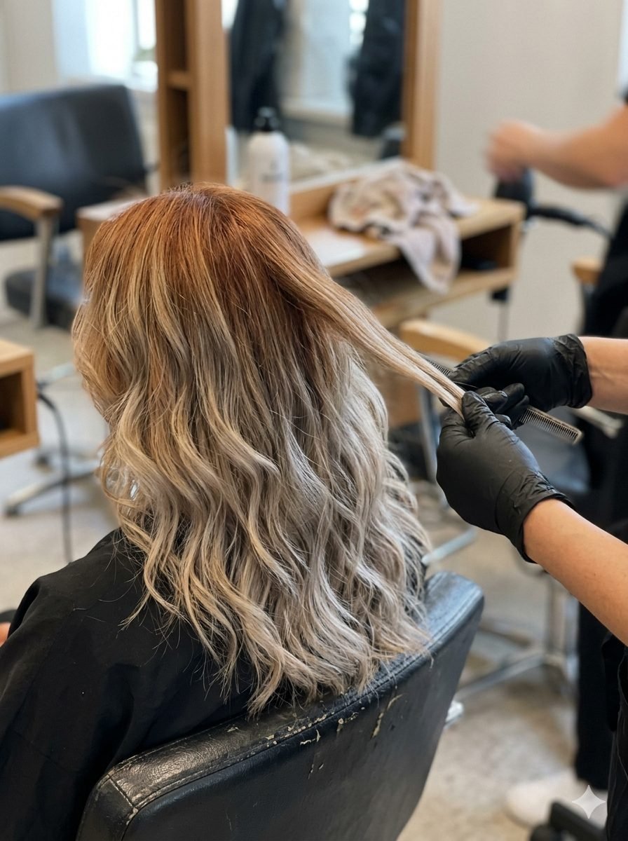 Exemple visuel de correction d'un balayage orangé vers un blond cendré harmonieux grâce à la neutralisation