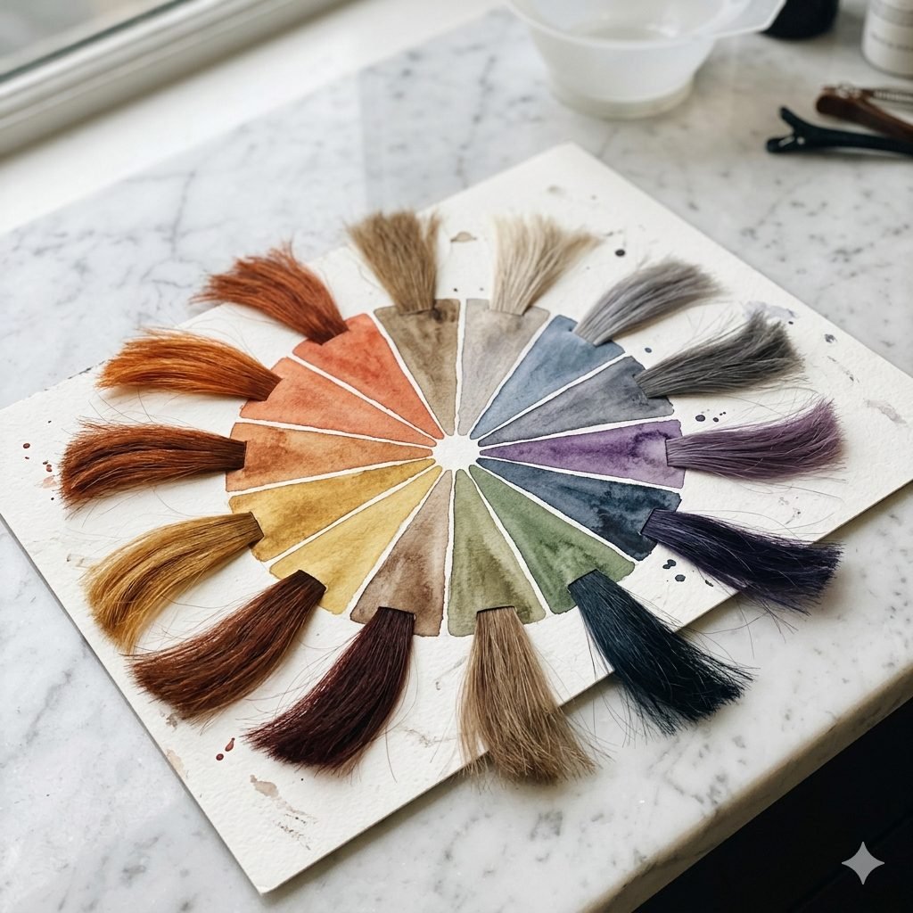 Cercle chromatique adapté à la coiffure avec les couleurs complémentaires et les correspondances de neutralisation