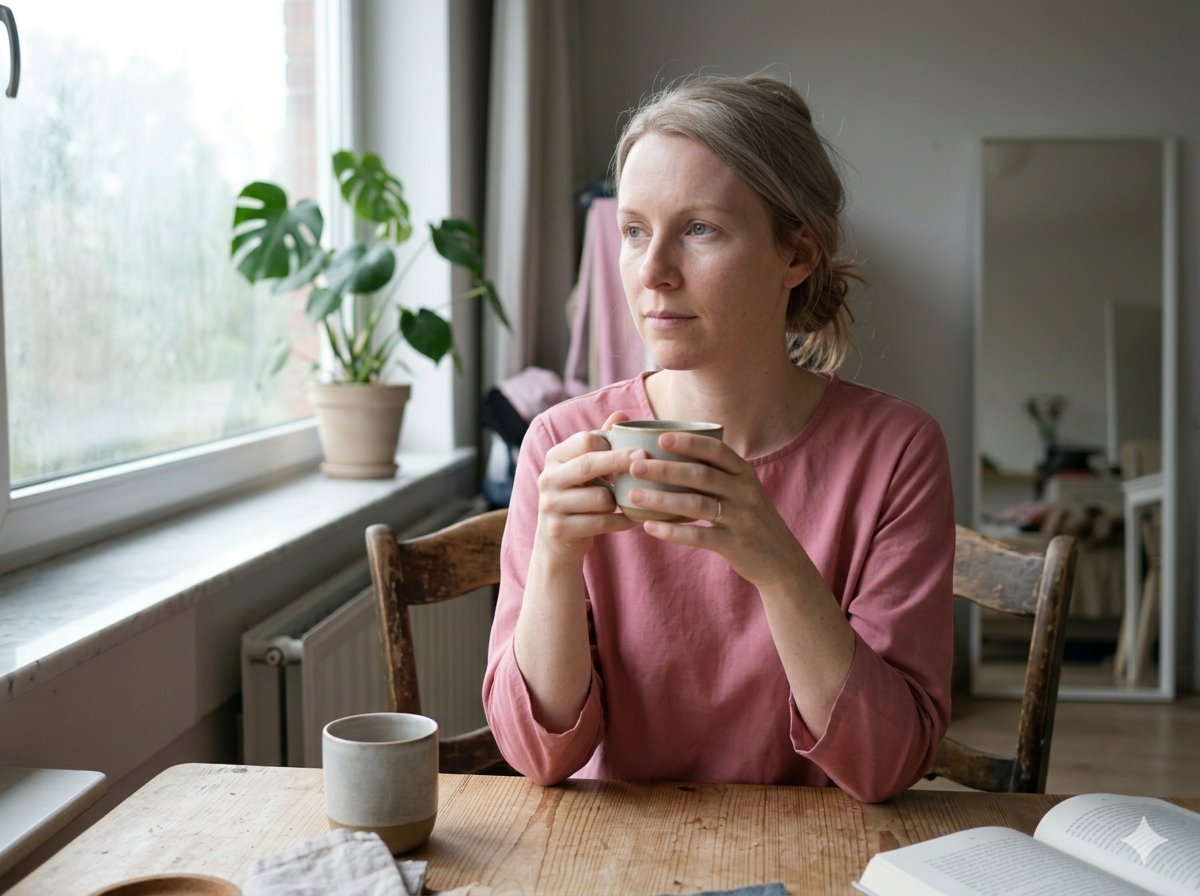 Femme en haut rose assise à une table près d'une fenêtre, tenant une tasse à deux mains