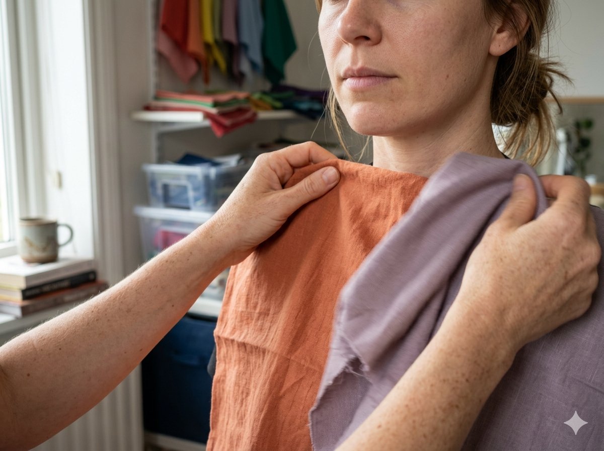 Mains posant un tissu sur l'épaule d'une femme lors d'un test de draping colorimétrique