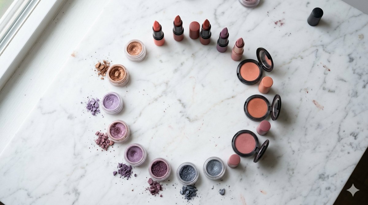Cercle chromatique avec applications maquillage pour chaque saison colorimétrique