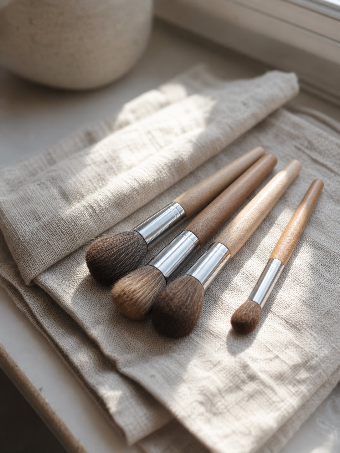 Pinceaux de maquillage en bois et poils naturels posés sur un tissu de lin à la lumière naturelle