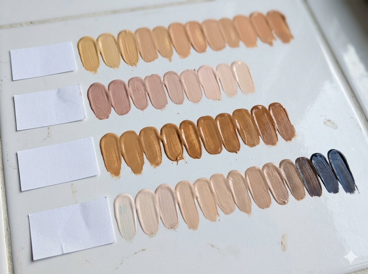 Nuancier de fonds de teint organisé par saison colorimétrique avec sous-tons chauds et froids