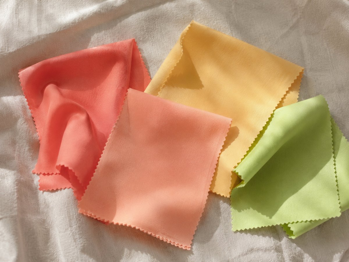 Quatre échantillons de tissu aux couleurs chaudes du printemps : corail, saumon, jaune pâle et vert citron