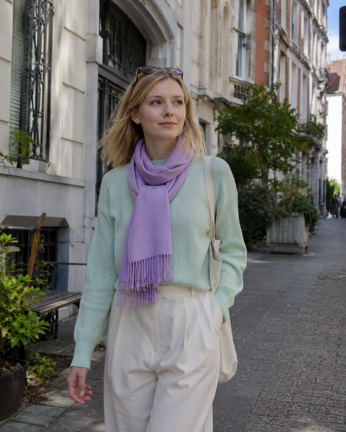 Femme portant un pull vert menthe et une écharpe lilas dans une rue de Bruxelles, pantalon crème, style printemps clair