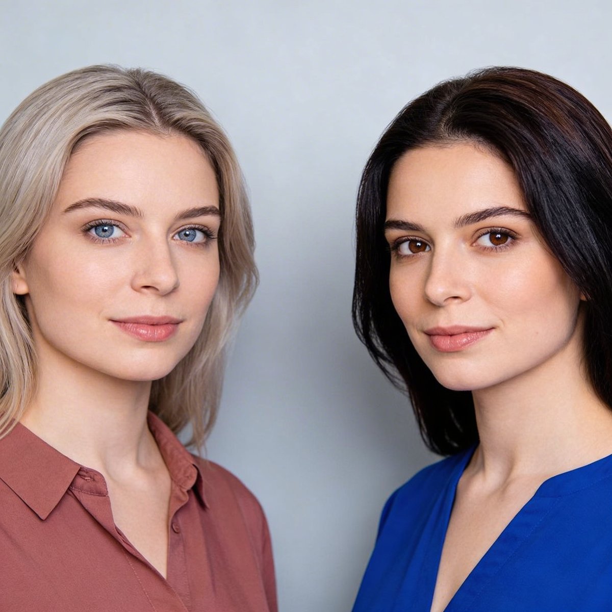 Deux femmes illustrant la différence entre Été Froid (blonde, yeux bleus, tons doux) et Hiver Froid (brune, yeux foncés, tons intenses)