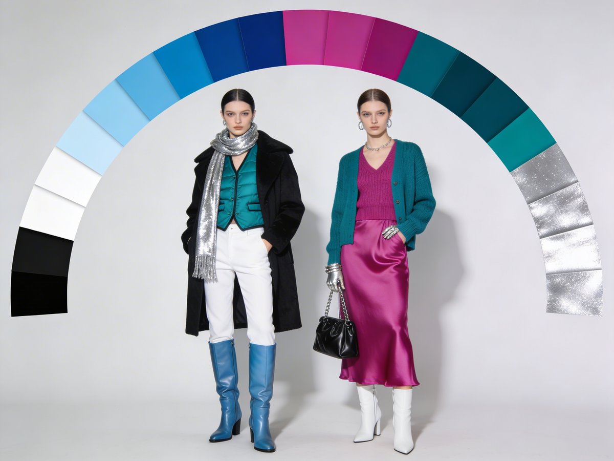 Deux femmes sous une arche de couleurs froides illustrant l’importance de choisir les bonnes teintes