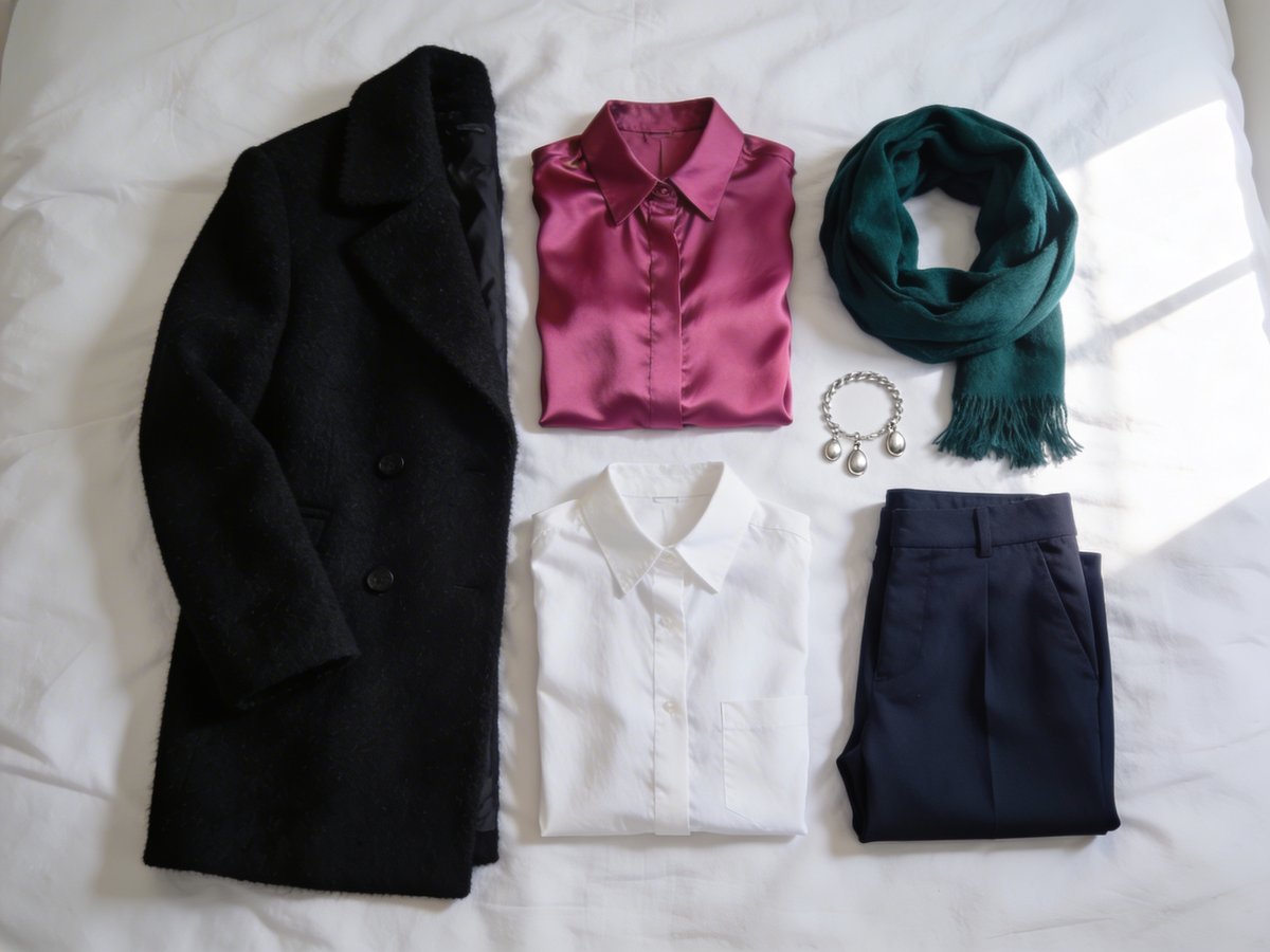 Tenue complète Hiver Froid : manteau noir, chemisier fuchsia, chemise blanche, pantalon marine et bijoux argentés