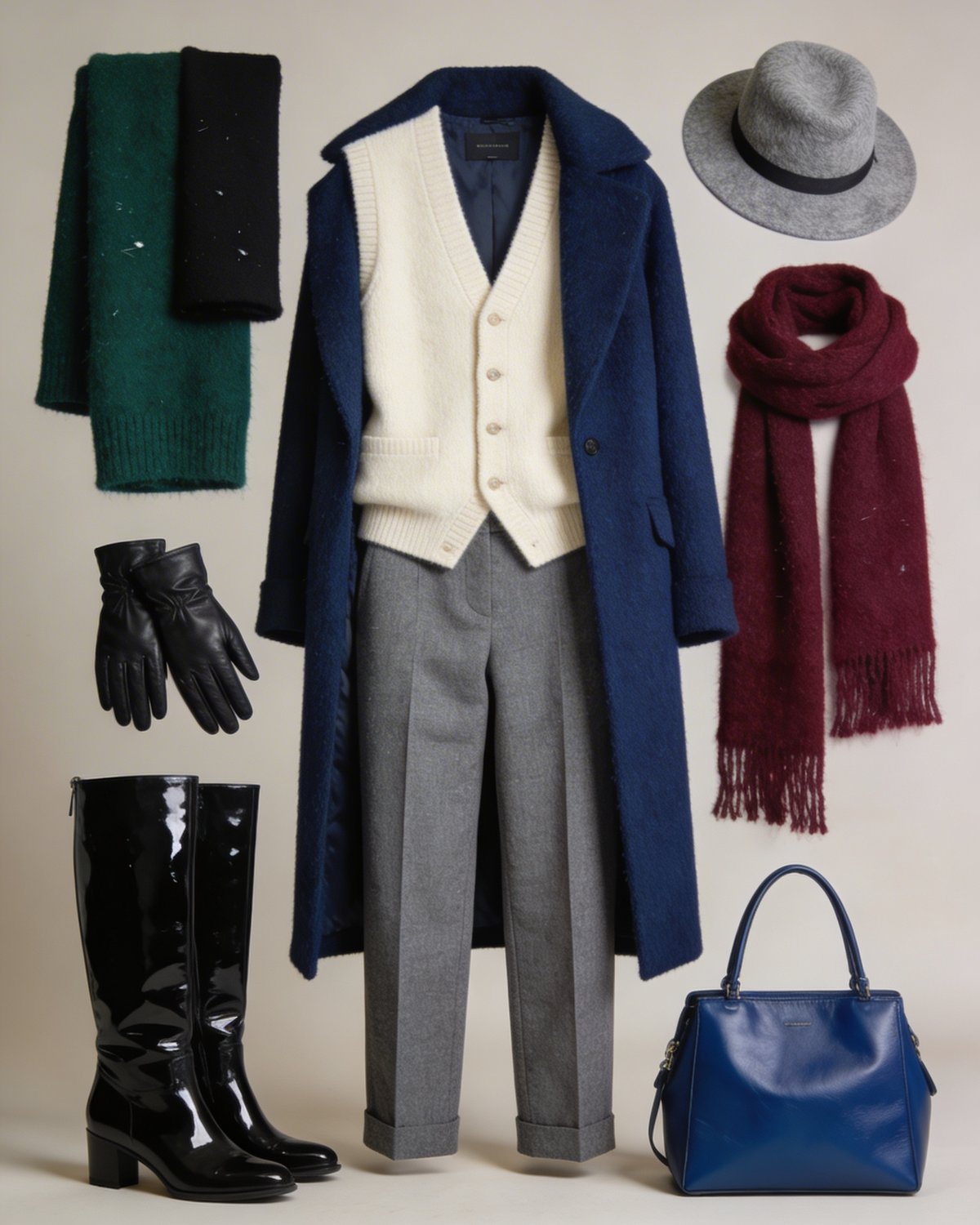 Tenue complète Hiver Froid : manteau bleu marine, gilet crème, pantalon gris, bottes, bonnet, écharpes bordeaux et verte