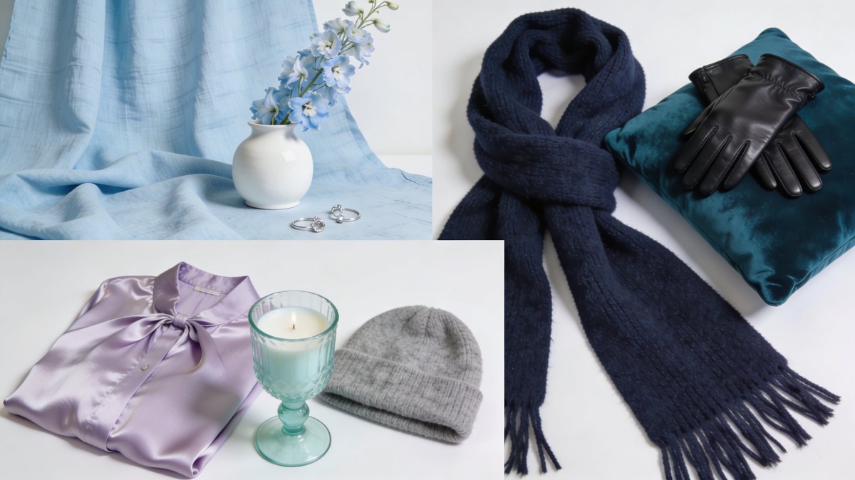 Accessoires et bijoux pour le test d’identification du sous-ton froid : argenterie, tissus bleus et lavande