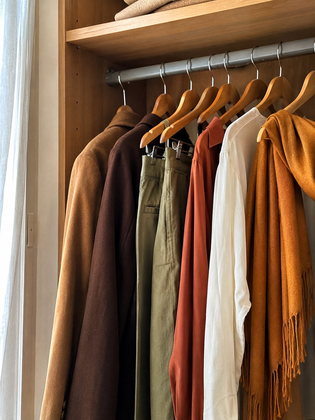 Portant en bois avec des vêtements aux tons automnaux : manteau camel, veste marron, pantalon kaki, haut rouille, chemise blanche et écharpe moutarde