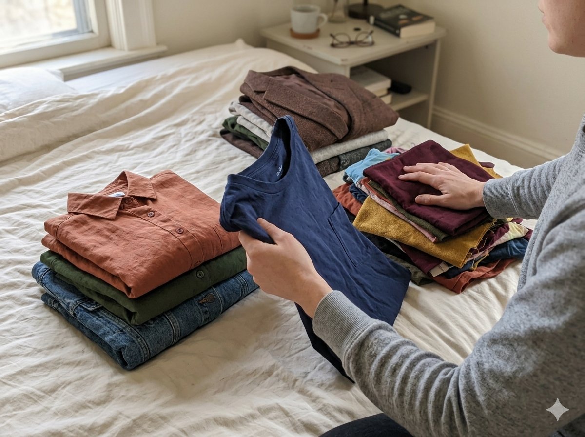 Personne triant des piles de vêtements pliés sur un lit, avec des hauts de différentes couleurs