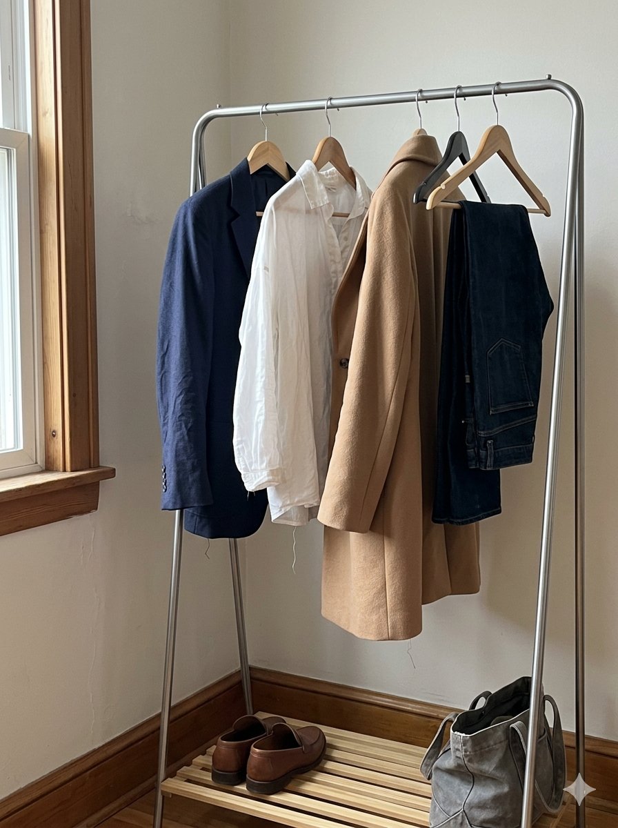 Portant avec une sélection réduite de vêtements : veste marine, chemise blanche, manteau camel et pantalon sombre