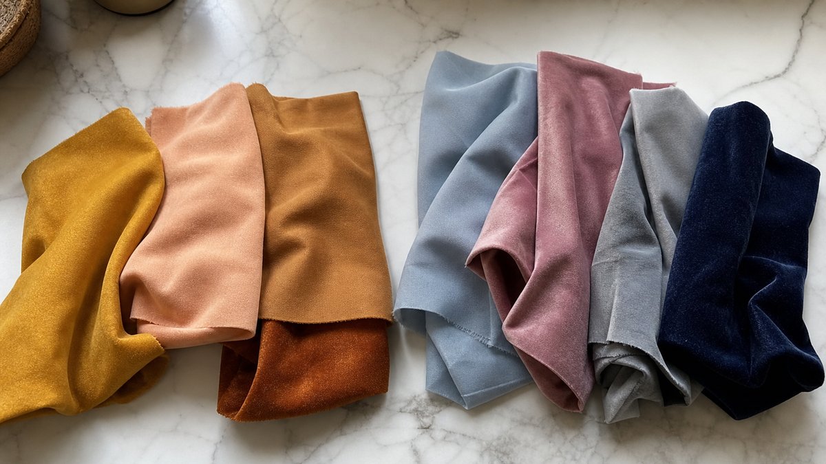 Deux groupes de tissus disposés sur marbre : tons chauds (moutarde, saumon, rouille) à gauche et tons froids (bleu clair, rose, gris, marine) à droite