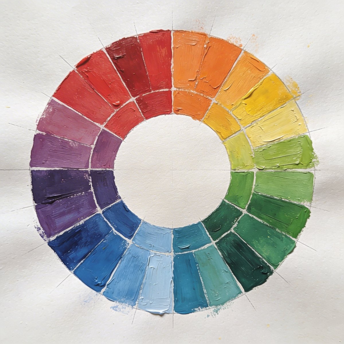 Cercle chromatique peint à la main montrant la séparation entre couleurs chaudes et couleurs froides