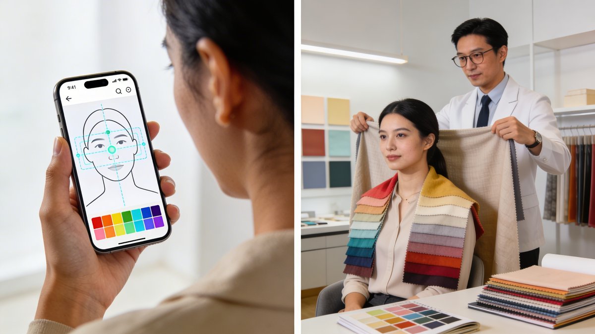Infographie comparant la fiabilité d'un test colorimétrie IA (70-80 %) versus une analyse professionnelle avec draping