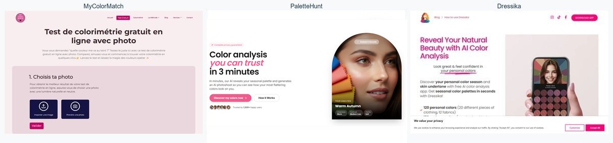 Comparatif visuel des interfaces de MyColorAnalysisAI, Dressika et PaletteHunt pour un test de colorimétrie en ligne gratuit