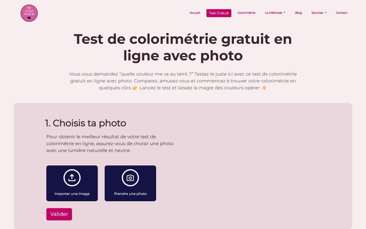 Interface du test colorimétrie MyColorAnalysisAI montrant l'upload de photo et le résultat de saison avec palette